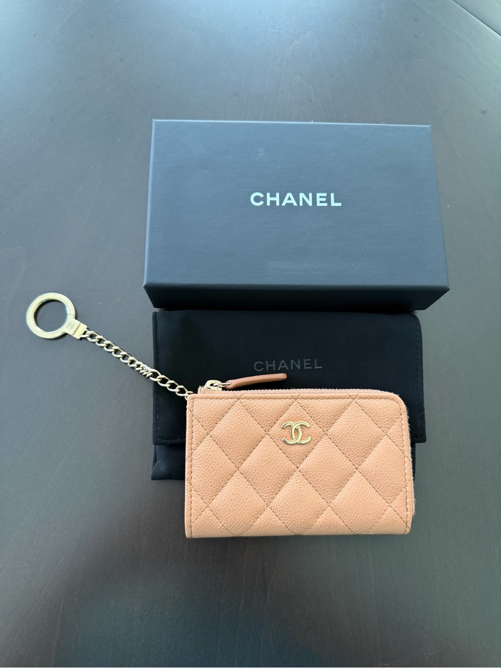 Chanel Quilted Camel Caviar Card Holder with Key Ring